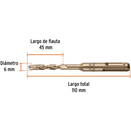 Brocas SDS Plus 6mm x110mm Carburo Tungsteno Concreto, Truper 101108