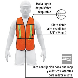 Chaleco de Seguridad Unitalla Naranja Cintas Dobles 3/4" Alta Visibilidad, CHS-200N 21025 Pretul