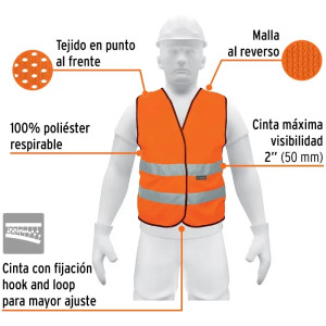 Chaleco de Seguridad Unitalla Naranja Cintas 2" con cierre Alta Visibilidad, CHS-500N 13426 Truper