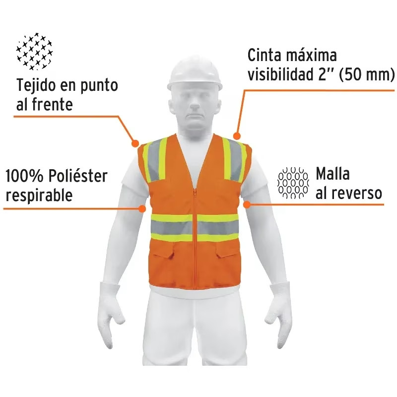 Chaleco de Seguridad Unitalla Naranja Cintas Dobles 2" con cierre y 6 Bolsillos Alta Visibilidad, CHS-700N 13475 Truper