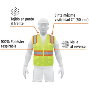 Chaleco de Seguridad Unitalla Verde Cintas Dobles 2" con cierre y 6 Bolsillos Alta Visibilidad, CHS-700V 13476 Truper