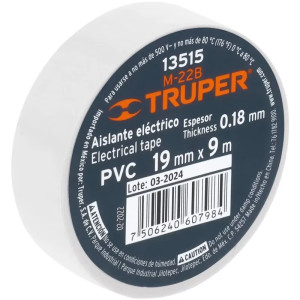Cinta Aislantes 19mm x9m Blanco acrilico E0.18mm Flexible Encogible Truper 13515