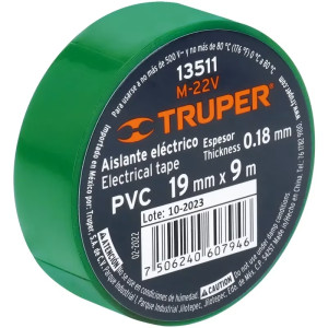 Cinta Aislantes 19mm x9m Verde acrilico E0.18mm Flexible Encogible Truper 13511