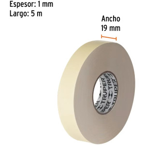 Cinta Doble Contacto 19mm x5m E1mm Soporta 2Kg, Doble Adhesivo Truper 11725