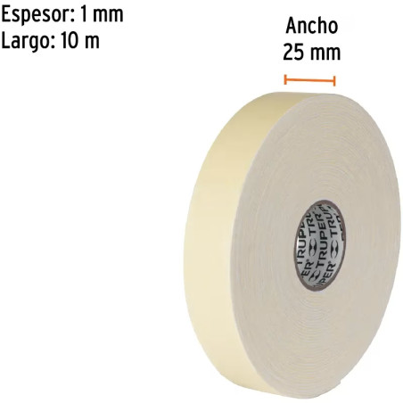 Cinta Doble Contacto 25mm x10m E1mm Soporta 2Kg, Doble Adhesivo Truper 11728