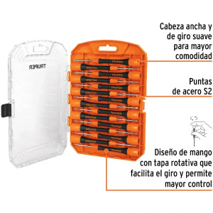 Juego con 15 Desarmadores Joyero, MPlastico Ergonomico, uso electronica y Presicion, Truper 14205