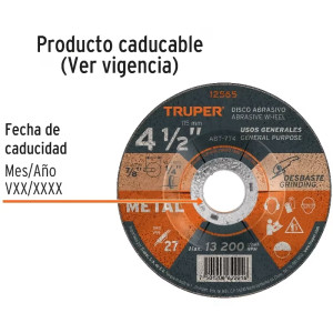 Discos Desbaste 4 1/2" x6.4mm Metal Tipo 27, Centro 7/8", Oxido de Aluminio, ABT-774 12565 Truper