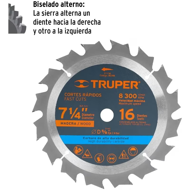 Discos Sierra para Madera 7 1/4" Centro 5/8", 16 Dientes de carburo de tungsteno, ST-716 18298 Truper