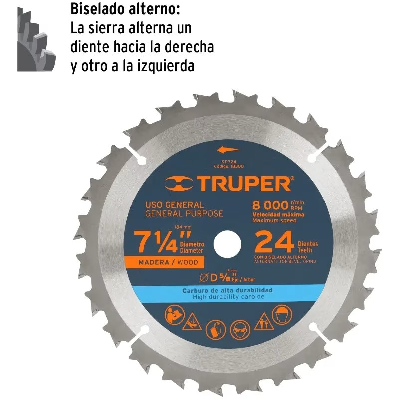 Discos Sierra para Madera 7 1/4" Centro 5/8", 24 Dientes de carburo de tungsteno, ST-724 18300 Truper