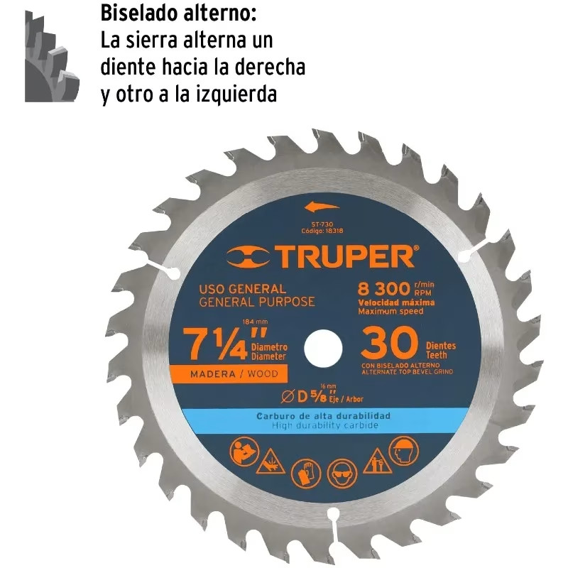 Discos Sierra para Madera 7 1/4" Centro 5/8", 30 Dientes de carburo de tungsteno, ST-730 18318 Truper