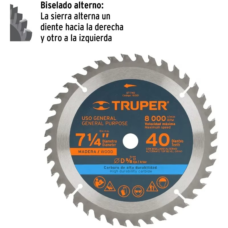 Discos Sierra para Madera 7 1/4" Centro 5/8", 40 Dientes de carburo de tungsteno, ST-740 18301 Truper
