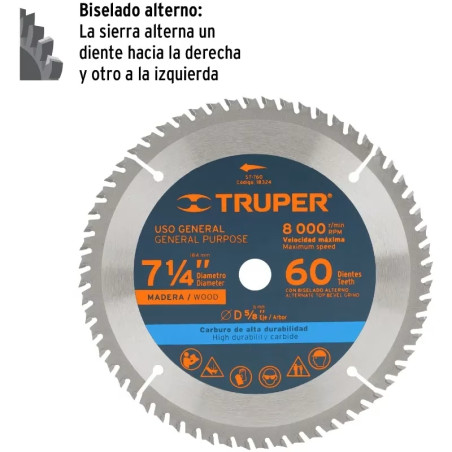 Discos Sierra para Madera 7 1/4" Centro 5/8", 60 Dientes de carburo de tungsteno, ST-760 18324 Truper