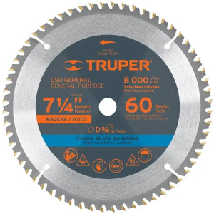 Discos Sierra para Madera 7 1/4" Centro 5/8", 60 Dientes de carburo de tungsteno, ST-760 18324 Truper