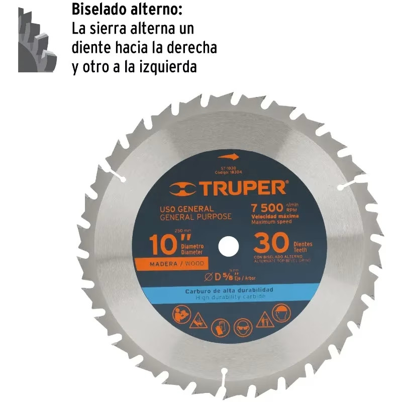 Discos Sierra para Madera 10" Centro 5/8", 30 Dientes de carburo de tungsteno, ST-1030 18304 Truper