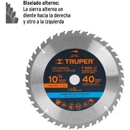 Discos Sierra para Madera 10" Centro 1", 40 Dientes de carburo de tungsteno, ST-1040E 18307 Truper