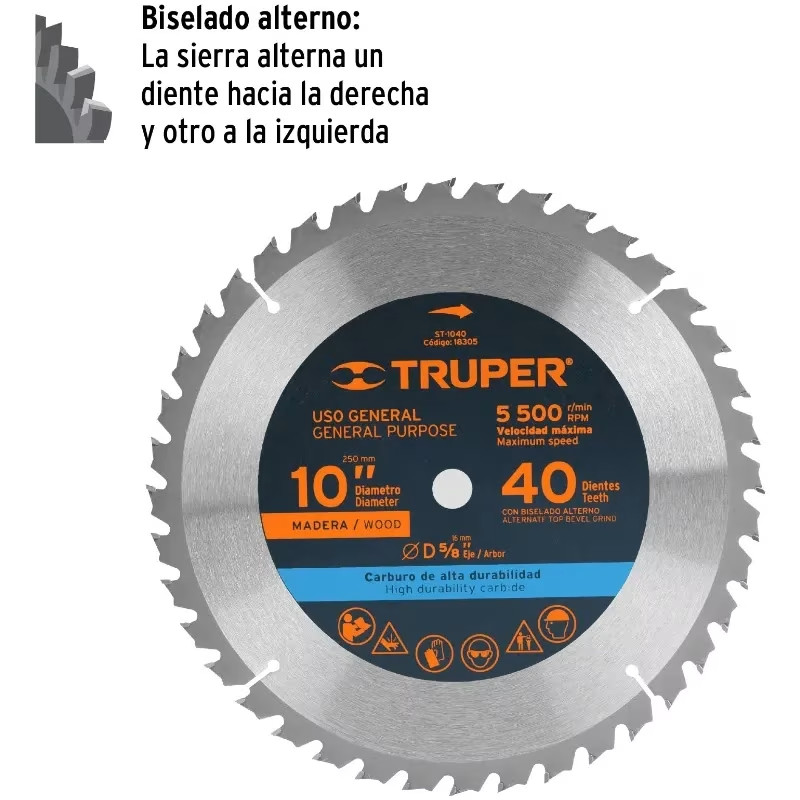 Discos Sierra para Madera 10" Centro 5/8", 40 Dientes de carburo de tungsteno, ST-1040 18305 Truper