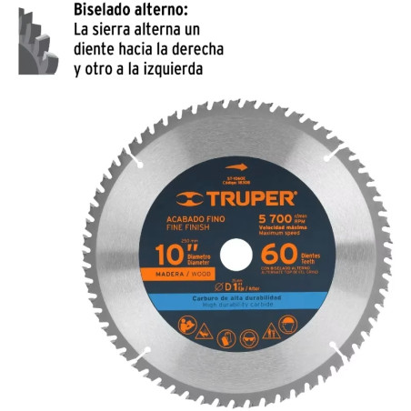 Discos Sierra para Madera 10" Centro 1", 60 Dientes de carburo de tungsteno, ST-1060E 18308 Truper
