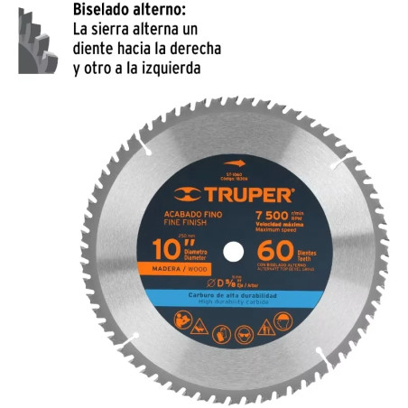 Discos Sierra para Madera 10" Centro 5/8", 60 Dientes de carburo de tungsteno, ST-1060 18306 Truper