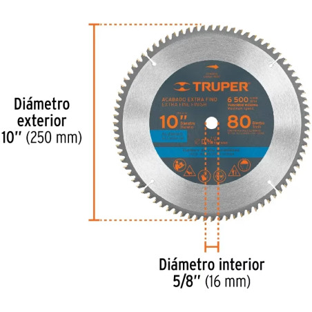 Discos Sierra para Aluminio 10" Centro 5/8", 80 Dientes de carburo de tungsteno, ST-1080A 18310 Truper