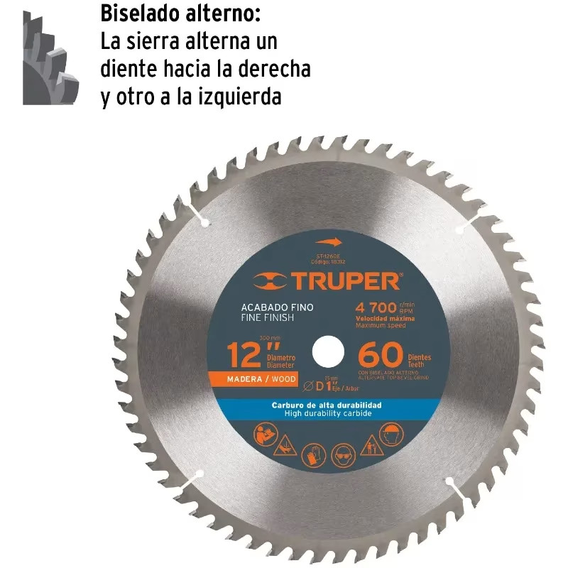 Discos Sierra para Madera 12" Centro 1", 60 Dientes de carburo de tungsteno, ST-1260E 18312 Truper