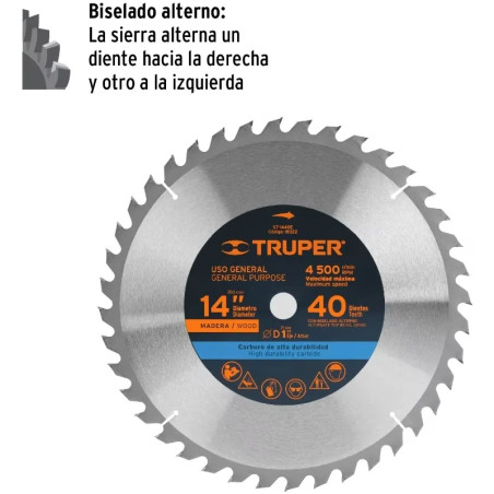 Discos Sierra para Madera 14" Centro 1", 40 Dientes de carburo de tungsteno, ST-1440E 18322 Truper