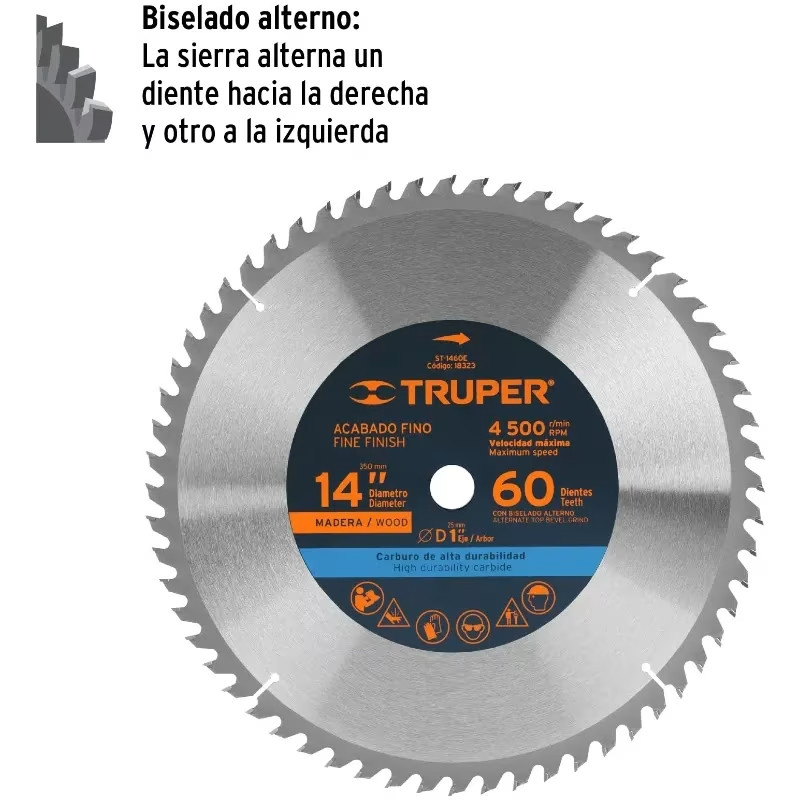Discos Sierra para Madera 14" Centro 1", 60 Dientes de carburo de tungsteno, ST-1460E 18323 Truper