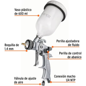 Pistolas de Pinturas Gravedad 600ml HVLP T1.4mm VB 3Control A20-24cm Automotriz Pro, PIPI-440X Truper 14031