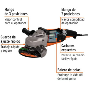 Amoladora angular 7" Profesional, 2100W 8000RPM Mango Ergonomico con Disco y Carbon de Rpsto, ESMA-7A3-2 11022 Truper