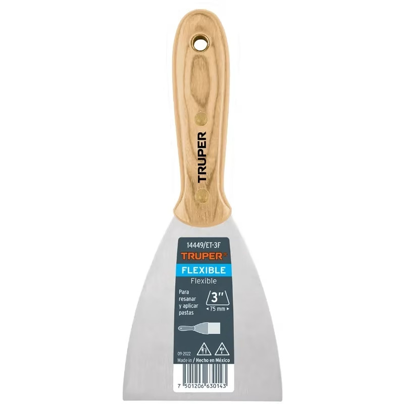 Espatula Flexible 3" Mango de Hickory Americano, acero alto carbono, Hoja Desbastada y Templada, ET-3F 14449 Truper