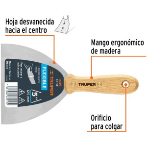 Espatula Flexible 5" Mango de Hickory Americano, acero alto carbono, Hoja Desbastada y Templada, ET-5F 14451 Truper