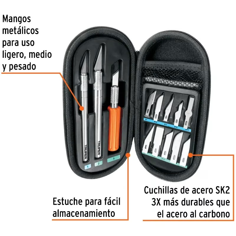 Juego de 10 Cuchillas Hobby con estuche, Truper 17512
