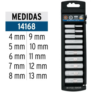 Juego de dados 10 Piezas Tubulares Milimetrico 4 mm a 13 mm, Encastre 1/4", acero al cromo vanadio, JD-1/410LM 14168 Truper