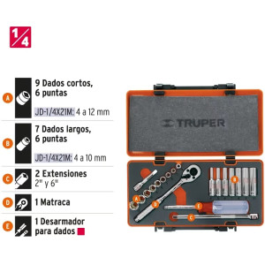 Juego de dados 20 piezas Milimetrico E1/4 CrVanadio, Truper 13981