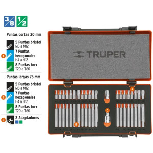 Juego de dados Punta 42 Piezas, Bristol Allen Torx L75 30mm, Encastre 1/2" 3/8", acero al cromo vanadio, PUN-42X 17809 Truper