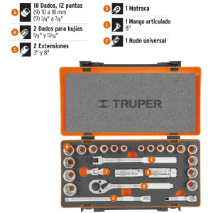 Juego de dados 26 piezas Mixto, encastre 3/8", en acero al cromo vanadio, JD-3/8X26MP 13954 Truper