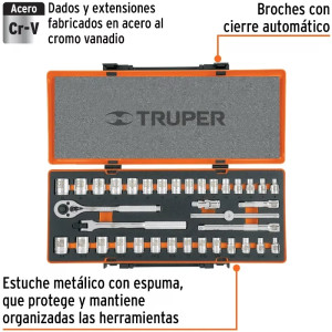 Juego de dados 36 piezas Mixto, encastre 3/8", en acero al cromo vanadio, JD-3/8X36MP 13955 Truper