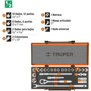 Juego de dados 26 piezas Mixto, encastre 1/2", en acero al cromo vanadio, JD-1/2X26MP 13938 Truper