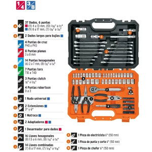 Juego de herramientas 119 Piezas con Estuche de Plastico, Encastre 1/4 " y 3/8", SET-124 17090 Truper
