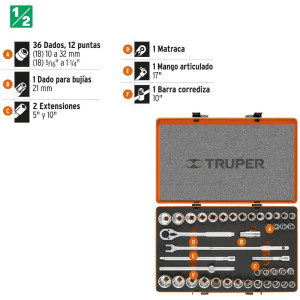 Juego de dados 42 piezas Mixto, encastre 1/2", en acero al cromo vanadio, JD-1/2X42MP 13940 Truper