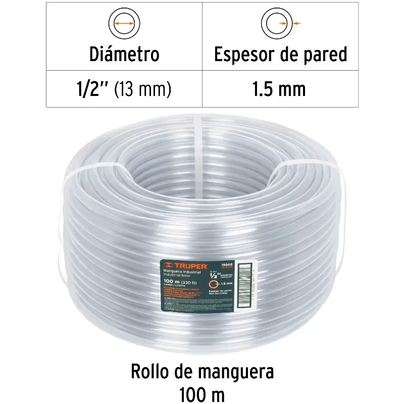 Manguera Industrial 1/2" Espesor 1.5mm, 100 Metros Peso 8.4Kg, MAN-1/2I 19868 Truper