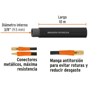 Manguera para compresor de Alta Presion de Hule 3/8" Conector Movil 10 m, MAN-AP-10-3/8 19016 Truper