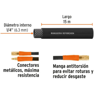 Manguera para compresor de Alta Presion de Hule 1/4" Conector Movil 15 m, MAN-AP-15-1/4 17081 Truper