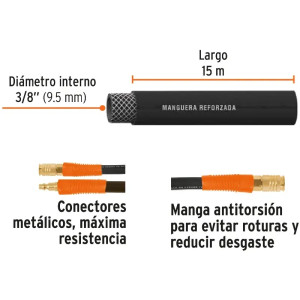 Manguera para compresor de Alta Presion de Hule 3/8" Conector Movil 15 m, MAN-AP-15-3/8 19017 Truper