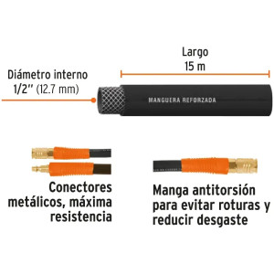 Manguera para compresor de Alta Presion de Hule 1/2" Conector Movil 15 m, MAN-AP-15-1/2 17086 Truper