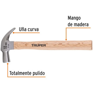 Martillo 8oz uña curva Cabeza Conica Pulidos, Boca18mm Mango11", MAC-18 10554 Truper