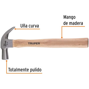 Martillo 14oz uña curva Cabeza Conica Pulidos, Boca25mm Mango13", MAC-25 10558 Truper