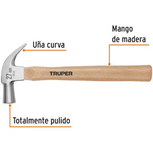 Martillo 16oz uña curva Cabeza Conica Pulidos, Boca27mm Mango13", MAC-27 10560 Truper