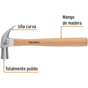 Martillo 20oz uña curva Cabeza Conica Pulidos, Boca29mm Mango14", MAC-29 10561 Truper