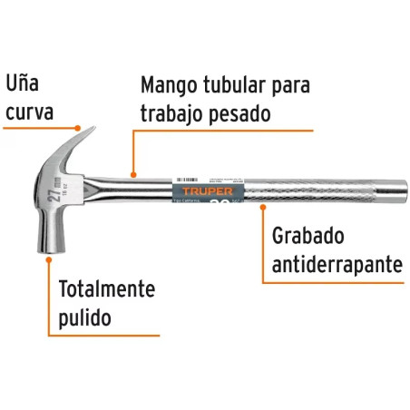 Martillo Pulido uña curva Cabeza Conica 16oz, Cara 27mm, Mango 15" Tubular Antiderrapante, MAC-27T 10914 Truper