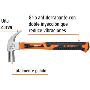 Martillo 16oz uña curva Cabeza Conica Pulidos Boca27mm, Mango13" de Fibra de Vidrio, MAC-27F 10851 Truper